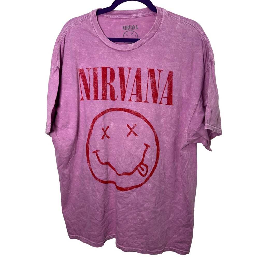 NIRVANA Pink Graphic Tee with red iconic smiley face design NWOT